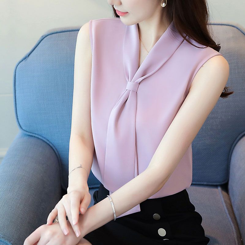 Belly-Covering Sleeveless Chiffon Shirt Women's Summer New Bow V-neck Camisole Women's Short Top Clothes Women