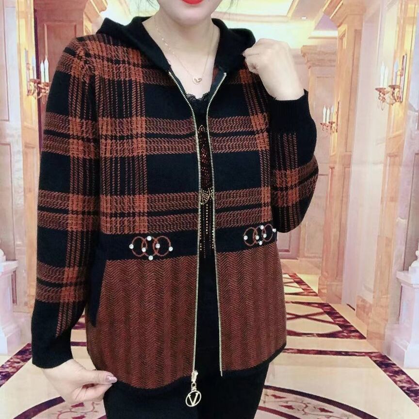 2023 Autumn New Woolen Plaid Coat Women's Casual Hooded Loose plus Size Western Style Slimming Middle-Aged Mom