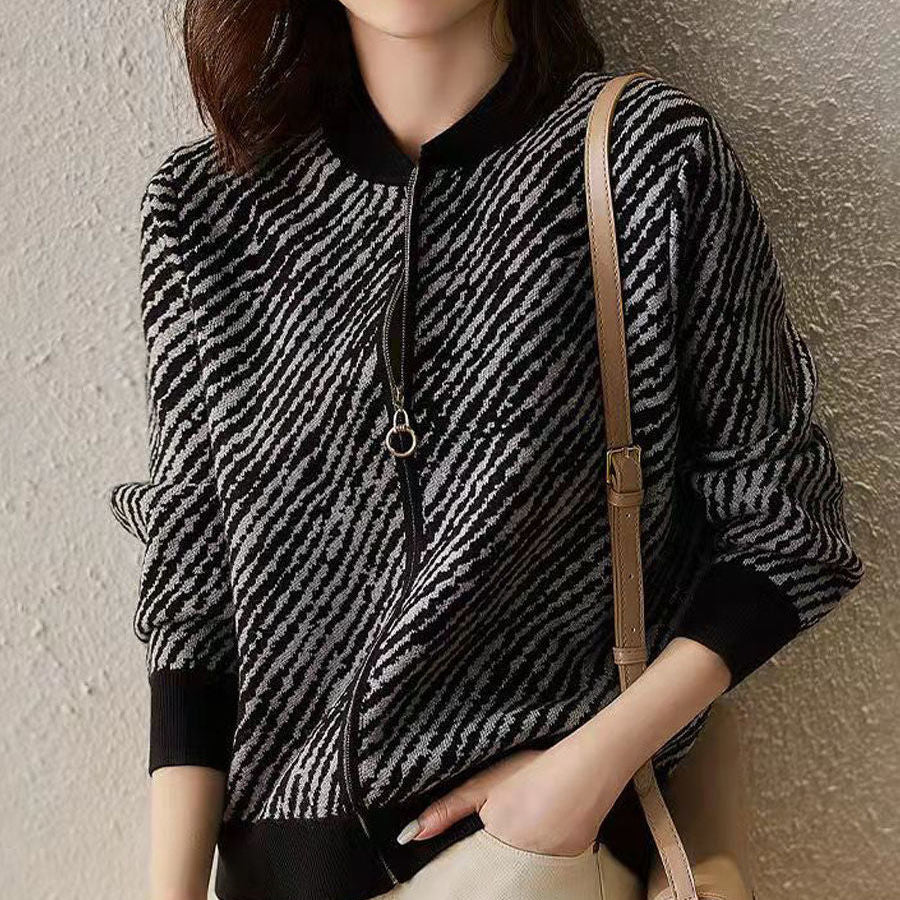 Cổ tròn mùa thu và mùa đông sọc ngựa vằn jacquard khóa kéo áo cardigan dệt kim áo khoác dài tay nữ