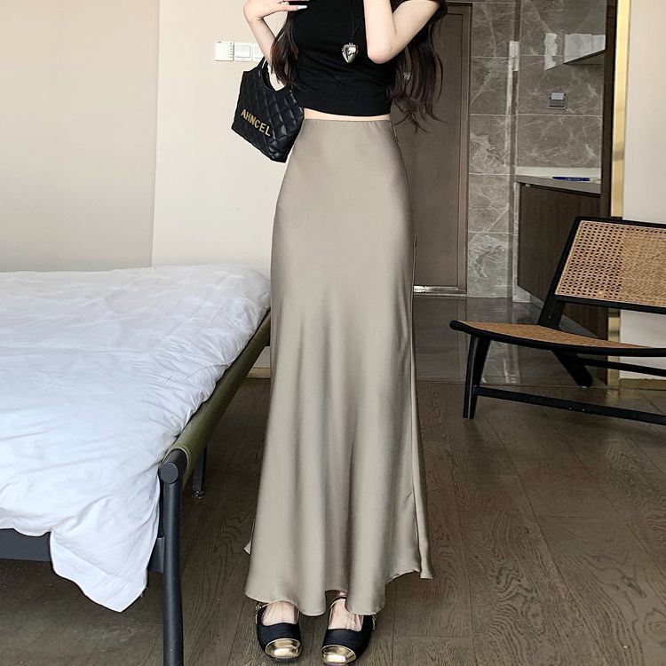 Váy Đuôi Cá Nữ Mùa Hè Mới Phong Cách Pháp Vintage Satin Cao Cấp Rủ Xuống Giảm Béo Vỏ Váy Dài