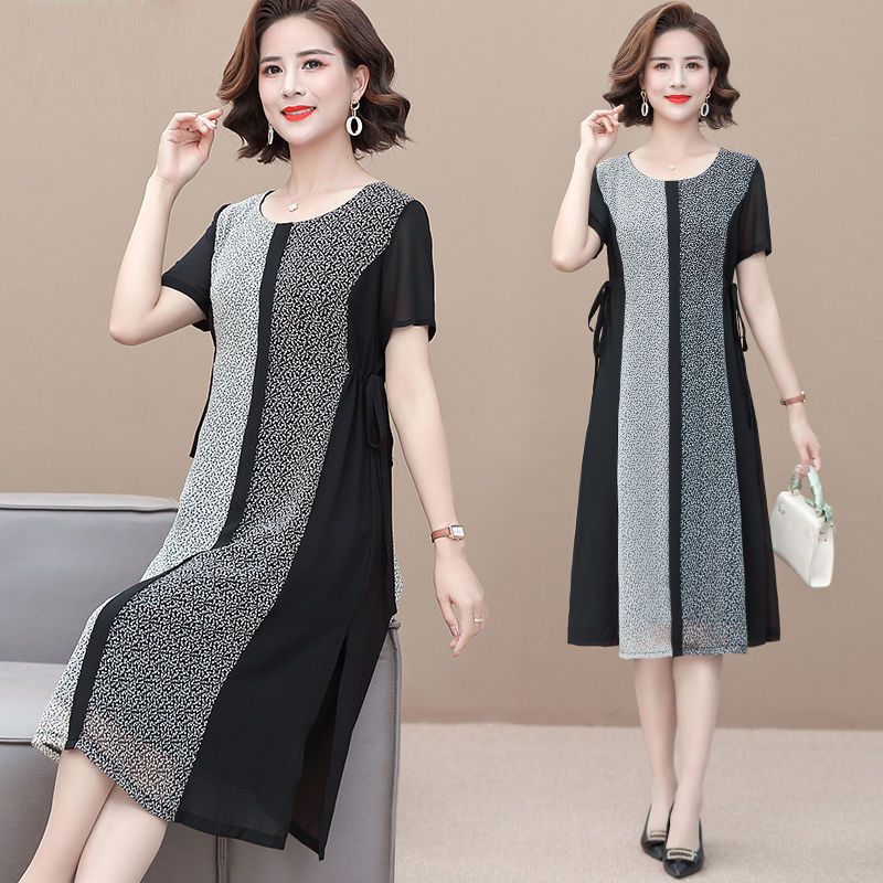 Mom Summer Clothes Dress Fashion New Design Sense Western Style Noble Middle-Aged and Elderly Women's Clothing Middle-Aged Women Overknee Skirt