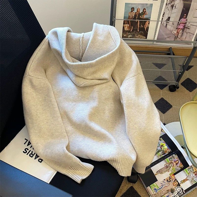 Áo cardigan màu hạnh nhân dệt kim hoodie zip dày áo len dệt kim áo khoác  lười biếng áo baggy mẫu mớ len