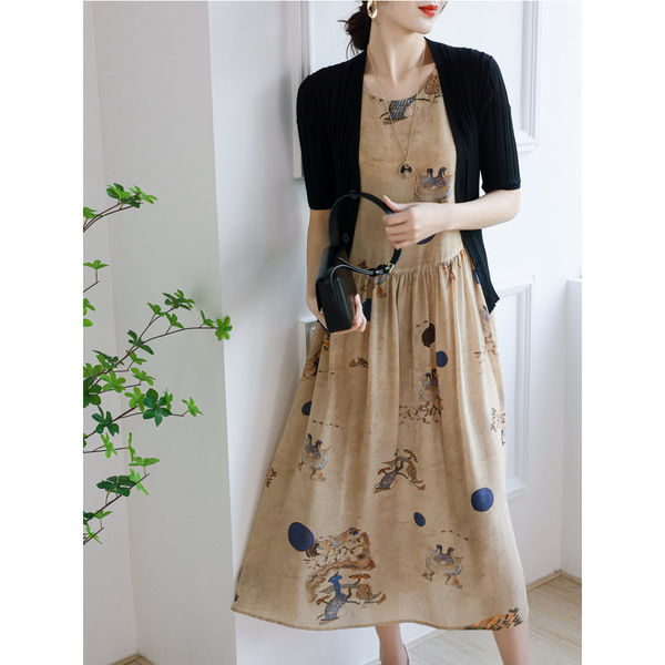 Foreign Trade Export to Italy Original Single Big Brand Label Cut Women's Clothes Printed Chiffon Dress Summer Sleeveless Vest Long Dress