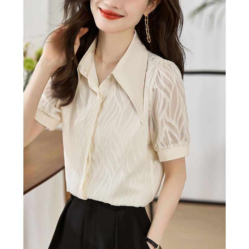 French Style Temperament All-Match Pointed Collar Chiffon Short-Sleeved Shirt Women's Solid Color Top Breathable Commute Leisure Shirt Women's Summer