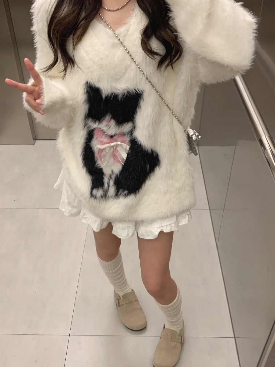 Korean Style Soft Glutinous Mink-Like V-Neck Sweater Coat Women'S Autumn And Winter Milk Fufu High-Grade Pure Desire Style Sweater Top