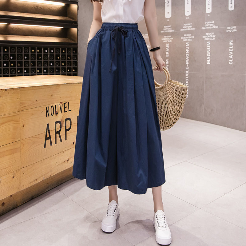 Quần culottes cạp cao nữ xuân hè mới màu trơn Quần ống rộng dáng rộng lưng thun Quần crop thường ngày Quần thời trang Ins