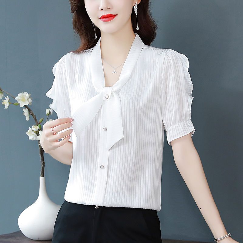 High-End Chiffon Shirt Short-Sleeved Women's Clothing2024Summer New Western Style Women's Shirt Fashion Versatile Top