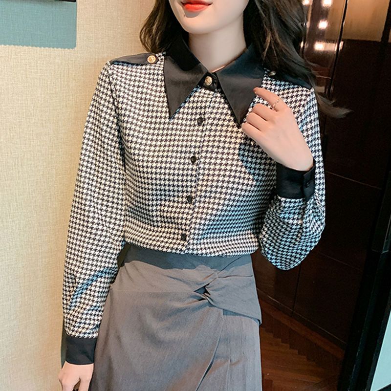 Áo Sơ Mi Voan Nữ Xuân Thu Mới Tay Dài Houndstooth Quần Lót Không Đường May Nhẹ Nhàng Nữ Tính Khí Áo Sơ Mi Hàng Đầu Dành Cho Nữ