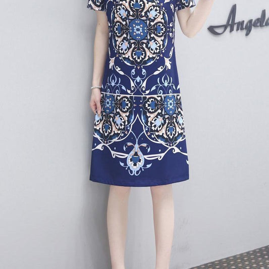 2024 Summer Fashionable New Style Waist Slimming Mid-Length Retro Positioning Printed Fashionable Elegant Dress Short Sleeve