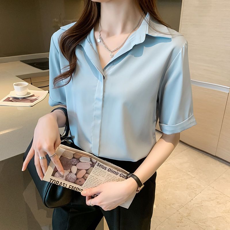 Chiffon Shirt Short Sleeve2023Summer Clothing New Shirt Belly Covering Loose Design Western Style All-Matching Female Western Style Top