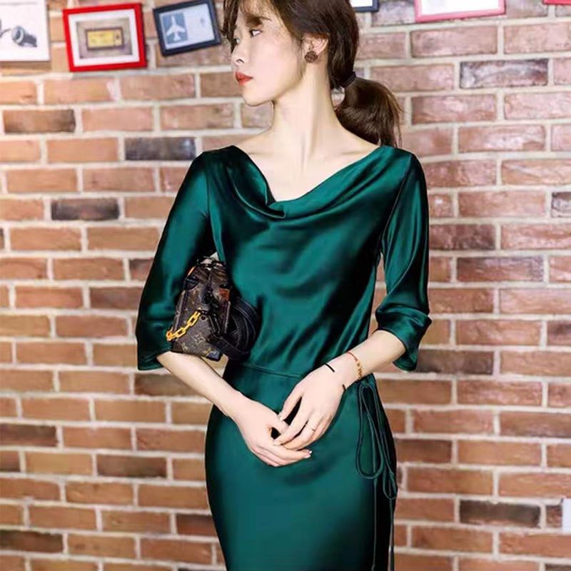 #1523  #1524 Mùa hè phong cách Pháp thanh lịch ăn mặc giữa Chiều dài phụ nữ giảm béo sexy ánh sáng sang trọng (Copy)