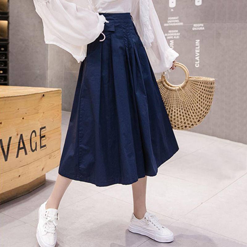 Quần culottes cạp cao nữ xuân hè mới màu trơn Quần ống rộng dáng rộng lưng thun Quần crop thường ngày Quần thời trang Ins