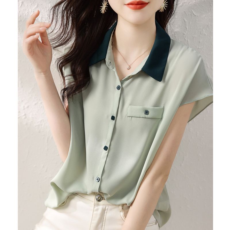 Contrast ColorPoloCollar Chiffon Shirt Short-Sleeved Women's Summer Korean Style Loose Leisure Slimming Niche Western Style Shirt Shirt