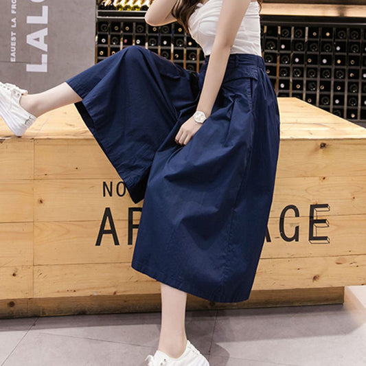 Quần culottes cạp cao nữ xuân hè mới màu trơn Quần ống rộng dáng rộng lưng thun Quần crop thường ngày Quần thời trang Ins