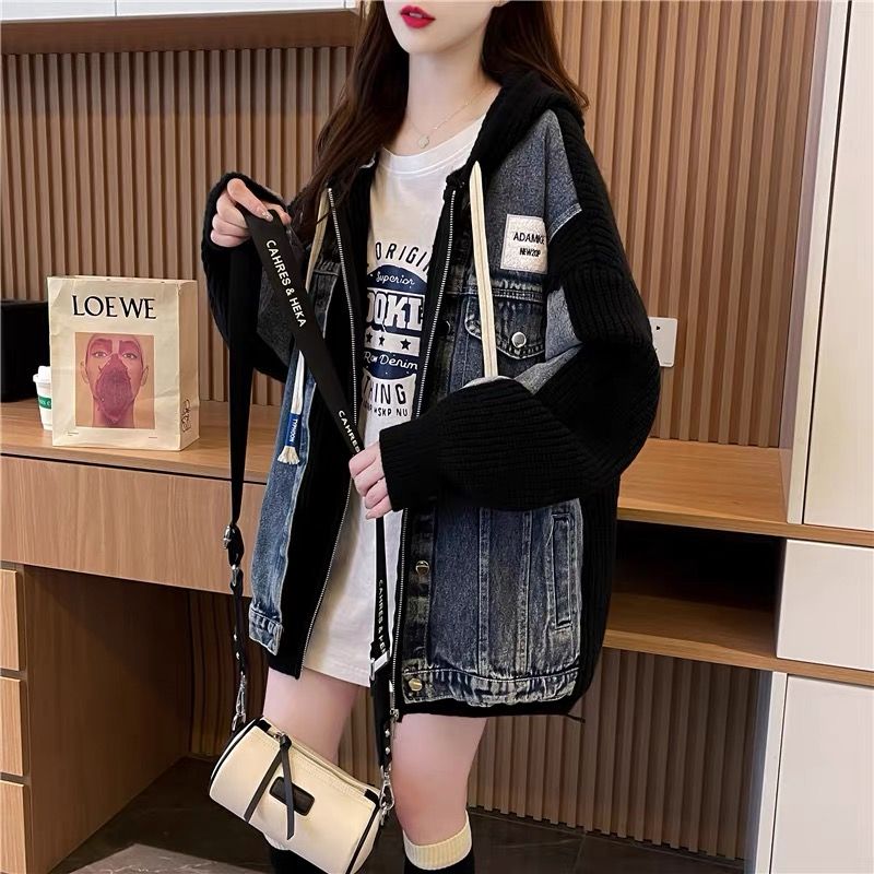 Áo len cardigan chắp vá denim