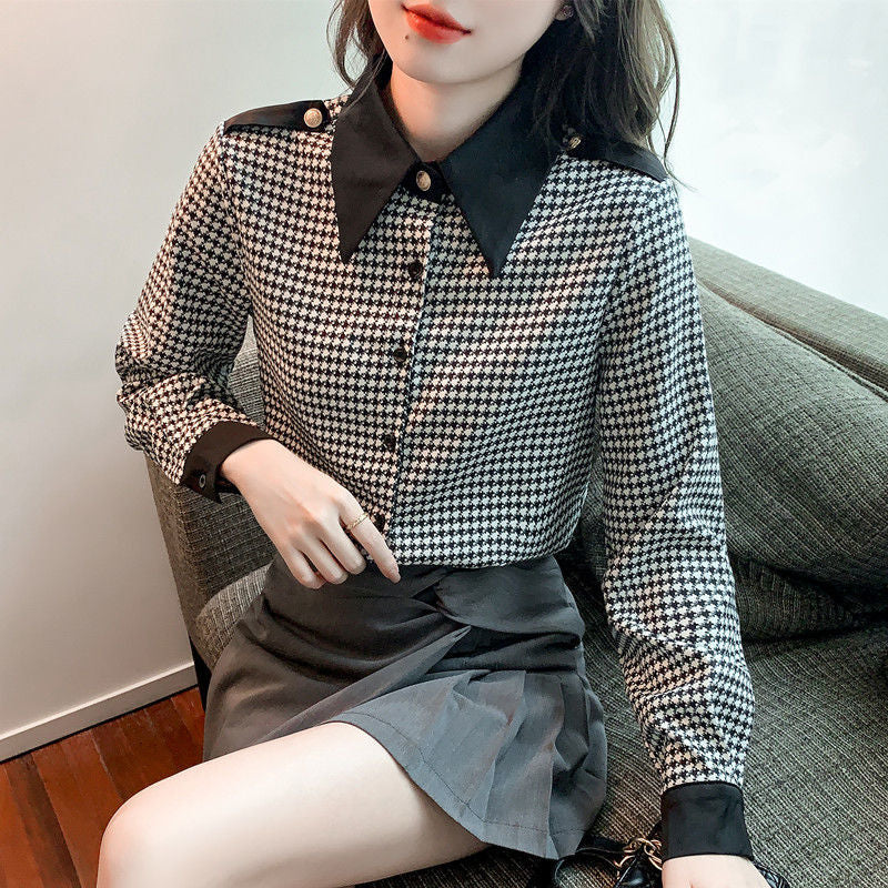 Áo Sơ Mi Voan Nữ Xuân Thu Mới Tay Dài Houndstooth Quần Lót Không Đường May Nhẹ Nhàng Nữ Tính Khí Áo Sơ Mi Hàng Đầu Dành Cho Nữ