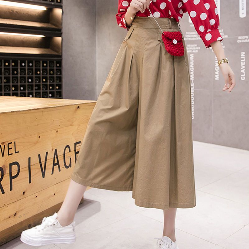 Quần culottes cạp cao nữ xuân hè mới màu trơn Quần ống rộng dáng rộng lưng thun Quần crop thường ngày Quần thời trang Ins