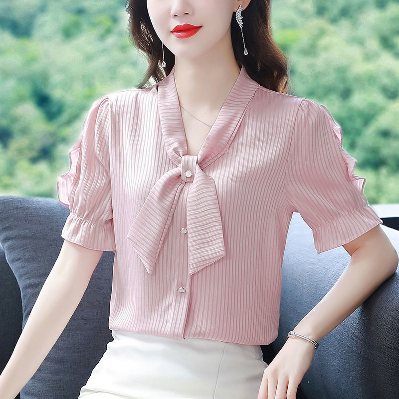 High-End Chiffon Shirt Short-Sleeved Women's Clothing2024Summer New Western Style Women's Shirt Fashion Versatile Top