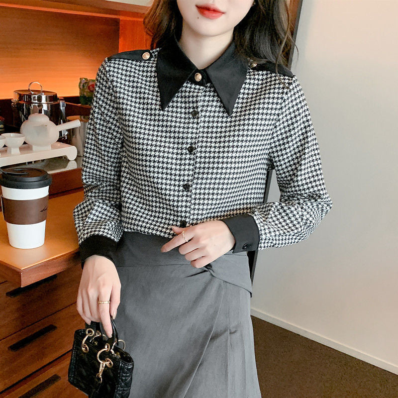 Áo Sơ Mi Voan Nữ Xuân Thu Mới Tay Dài Houndstooth Quần Lót Không Đường May Nhẹ Nhàng Nữ Tính Khí Áo Sơ Mi Hàng Đầu Dành Cho Nữ