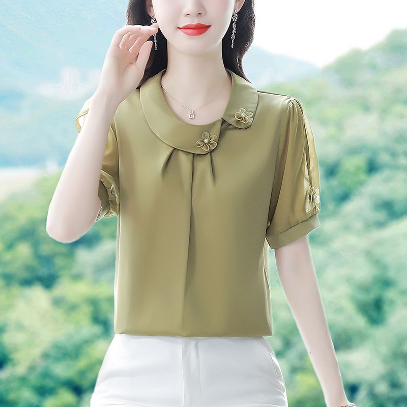 European style2024Fashionable Fashionable Fashionable Mom High-End Shirt New Women's Middle-Aged Summer Solid Color Short-Sleeved Shirt