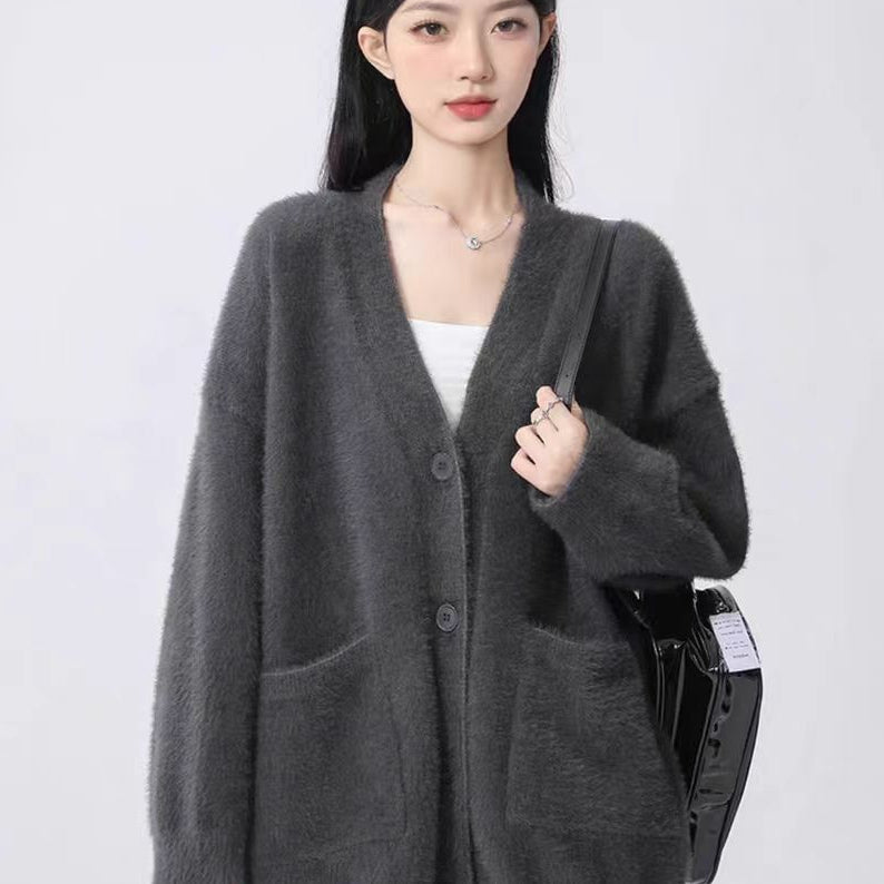 Idle Style Plush Solid Color Spring and Autumn Baggy Coat Imitated Mink Top Women's Mid-Length Cardigan with Ins