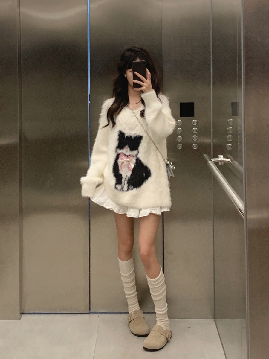 Korean Style Soft Glutinous Mink-Like V-Neck Sweater Coat Women'S Autumn And Winter Milk Fufu High-Grade Pure Desire Style Sweater Top