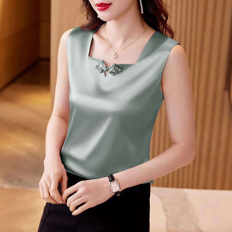 Satin Camisole Women's 2023 Summer New Square V-neck National Style Buckle Design Sleeveless Western Style Top