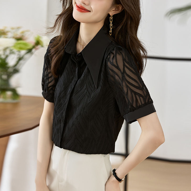 French Style Temperament All-Match Pointed Collar Chiffon Short-Sleeved Shirt Women's Solid Color Top Breathable Commute Leisure Shirt Women's Summer