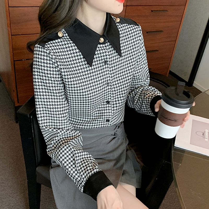 Áo Sơ Mi Voan Nữ Xuân Thu Mới Tay Dài Houndstooth Quần Lót Không Đường May Nhẹ Nhàng Nữ Tính Khí Áo Sơ Mi Hàng Đầu Dành Cho Nữ