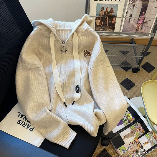 Áo cardigan màu hạnh nhân dệt kim hoodie zip dày áo len dệt kim áo khoác  lười biếng áo baggy mẫu mớ len