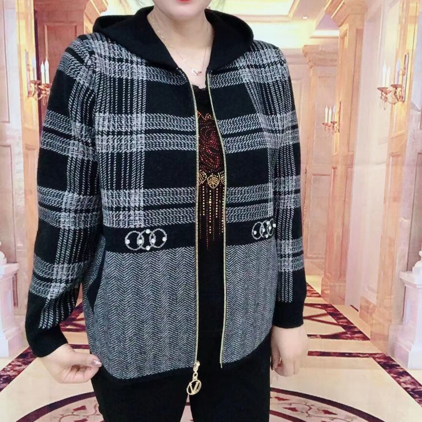 2023 Autumn New Woolen Plaid Coat Women's Casual Hooded Loose plus Size Western Style Slimming Middle-Aged Mom