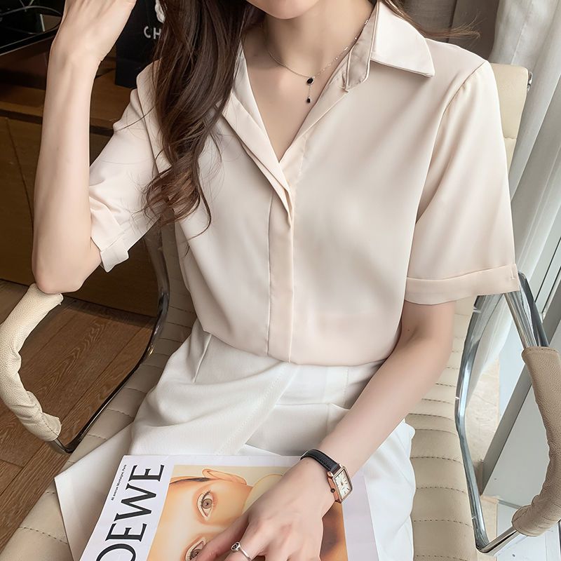 Chiffon Shirt Short Sleeve2023Summer Clothing New Shirt Belly Covering Loose Design Western Style All-Matching Female Western Style Top