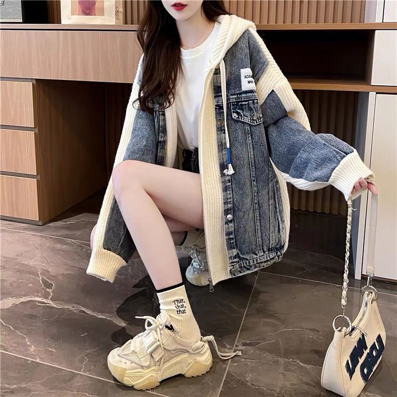 Áo len cardigan chắp vá denim