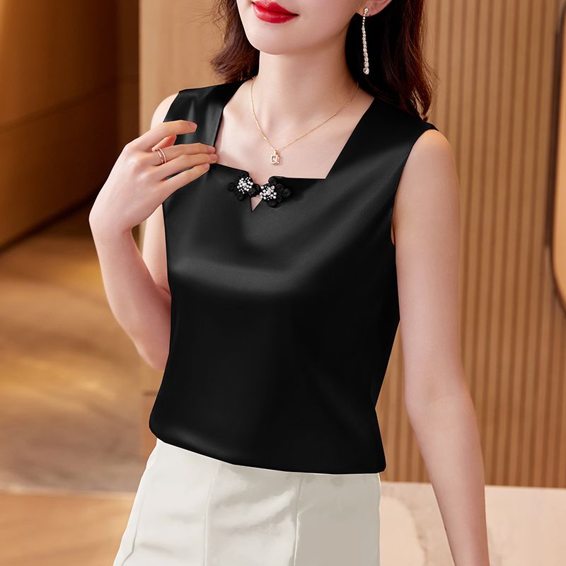 Satin Camisole Women's 2023 Summer New Square V-neck National Style Buckle Design Sleeveless Western Style Top