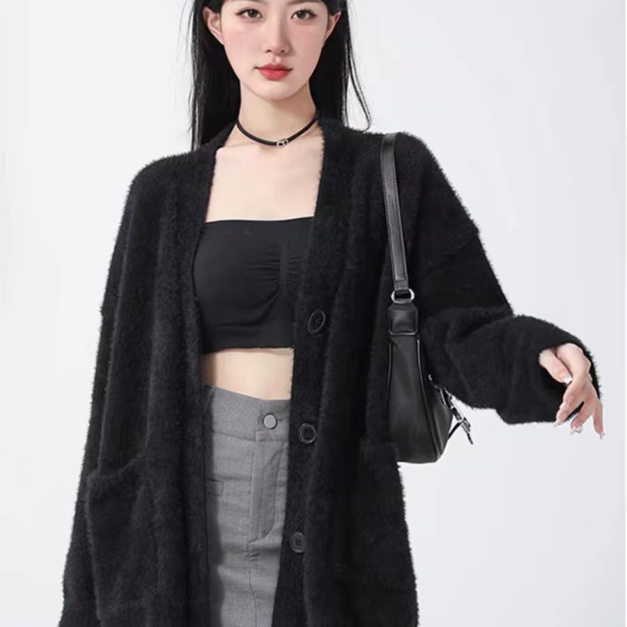 Idle Style Plush Solid Color Spring and Autumn Baggy Coat Imitated Mink Top Women's Mid-Length Cardigan with Ins