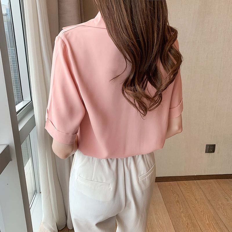 Chiffon Shirt Short Sleeve2023Summer Clothing New Shirt Belly Covering Loose Design Western Style All-Matching Female Western Style Top