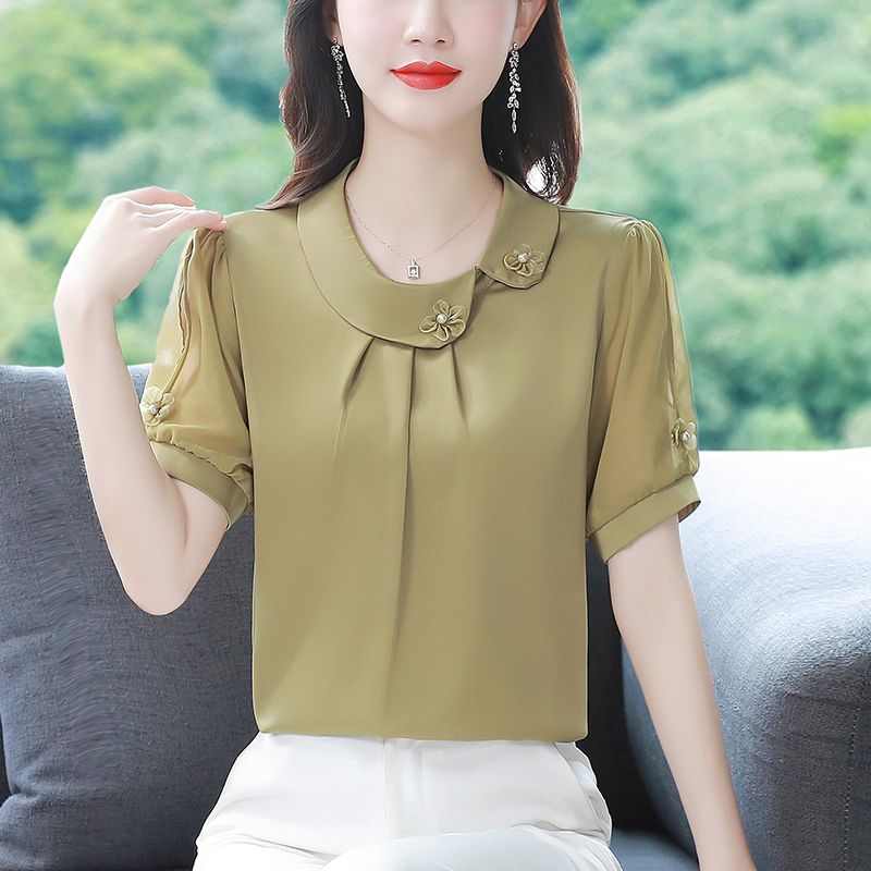 European style2024Fashionable Fashionable Fashionable Mom High-End Shirt New Women's Middle-Aged Summer Solid Color Short-Sleeved Shirt