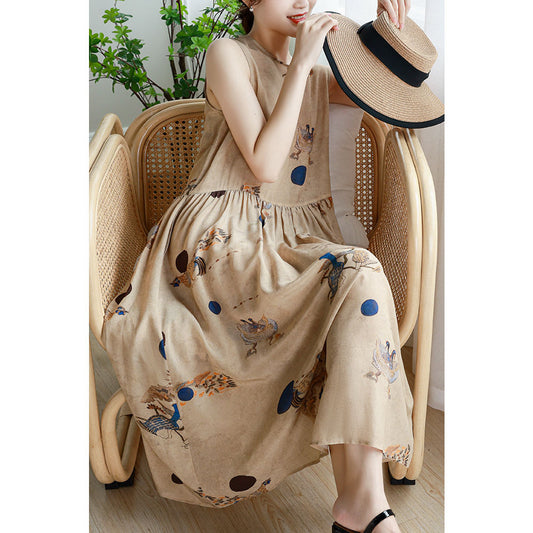 Foreign Trade Export to Italy Original Single Big Brand Label Cut Women's Clothes Printed Chiffon Dress Summer Sleeveless Vest Long Dress