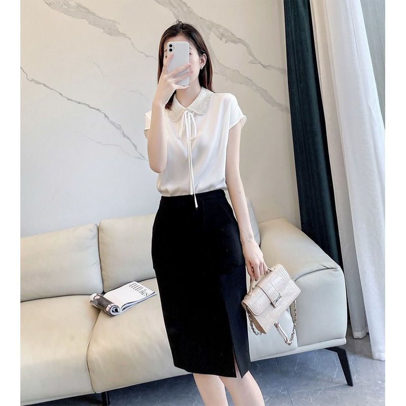 High-End Acetate Satin Shirt Women's Short-Sleeved Shirt 2024 New Summer Doll Collar Western Style Small Shirt White Shirt