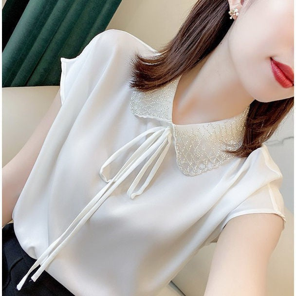 High-End Acetate Satin Shirt Women's Short-Sleeved Shirt 2024 New Summer Doll Collar Western Style Small Shirt White Shirt