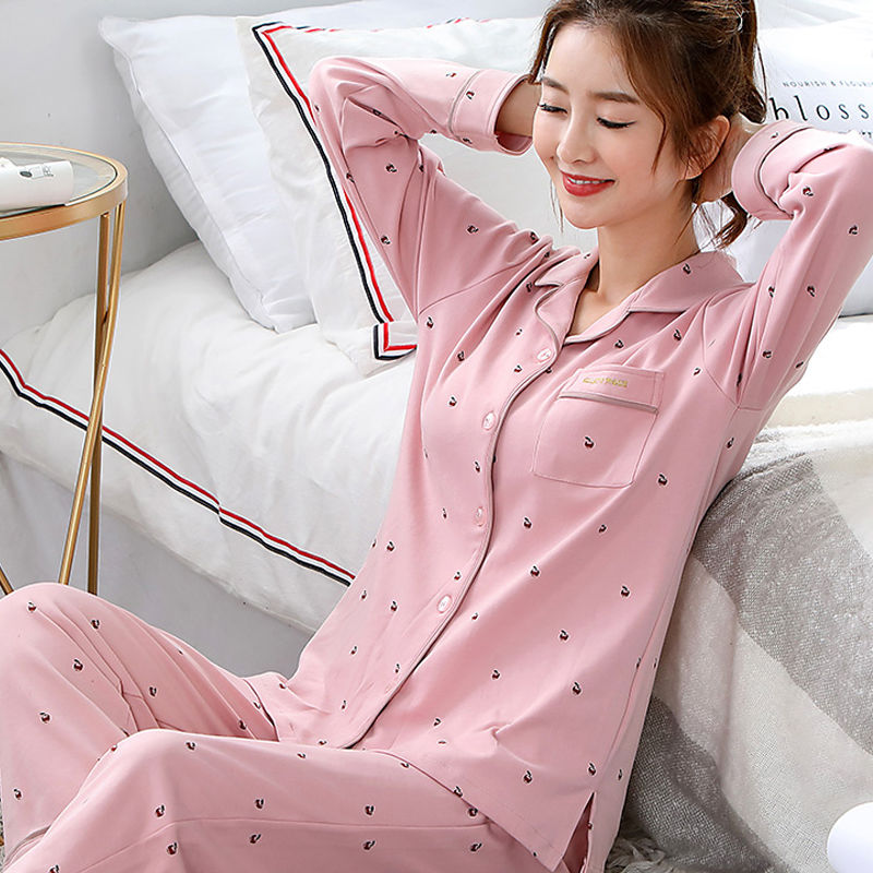 100% bộ đồ ngủ cotton hai mặt nữ mùa xuân và mùa thu tay áo dài size lớn bộ quần áo nhà cotton đầy đ2211