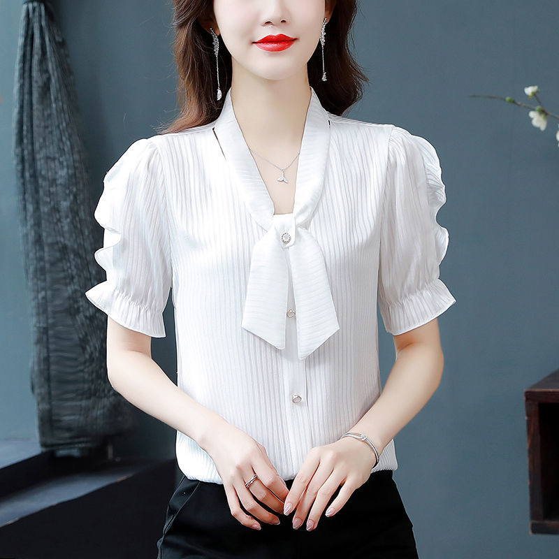 High-End Chiffon Shirt Short-Sleeved Women's Clothing2024Summer New Western Style Women's Shirt Fashion Versatile Top