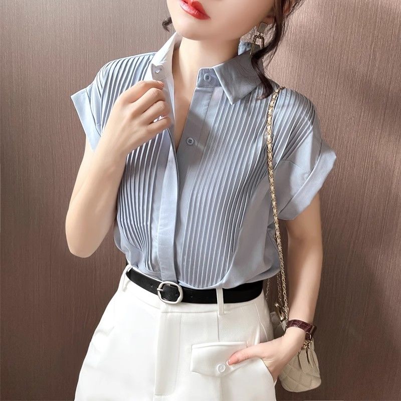 Leisure Professional Blue Shirt Women's Summer New Korean Style Pleated Design Sense Niche Top Drop-Shoulder Sleeve Shirt