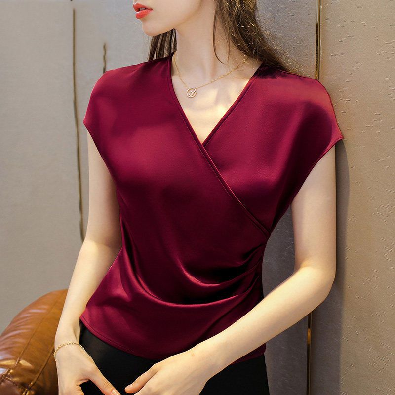 2022 mùa hè mới bắt tay V-Cổ hàng đầu của phụ nữ cầm T-Shirt lỏi Acetate satin áo Áo sơ mi thời trang phong cách