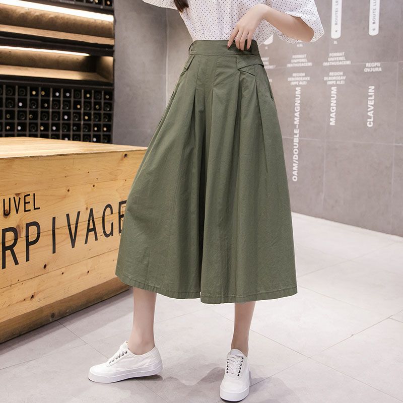 Quần culottes cạp cao nữ xuân hè mới màu trơn Quần ống rộng dáng rộng lưng thun Quần crop thường ngày Quần thời trang Ins