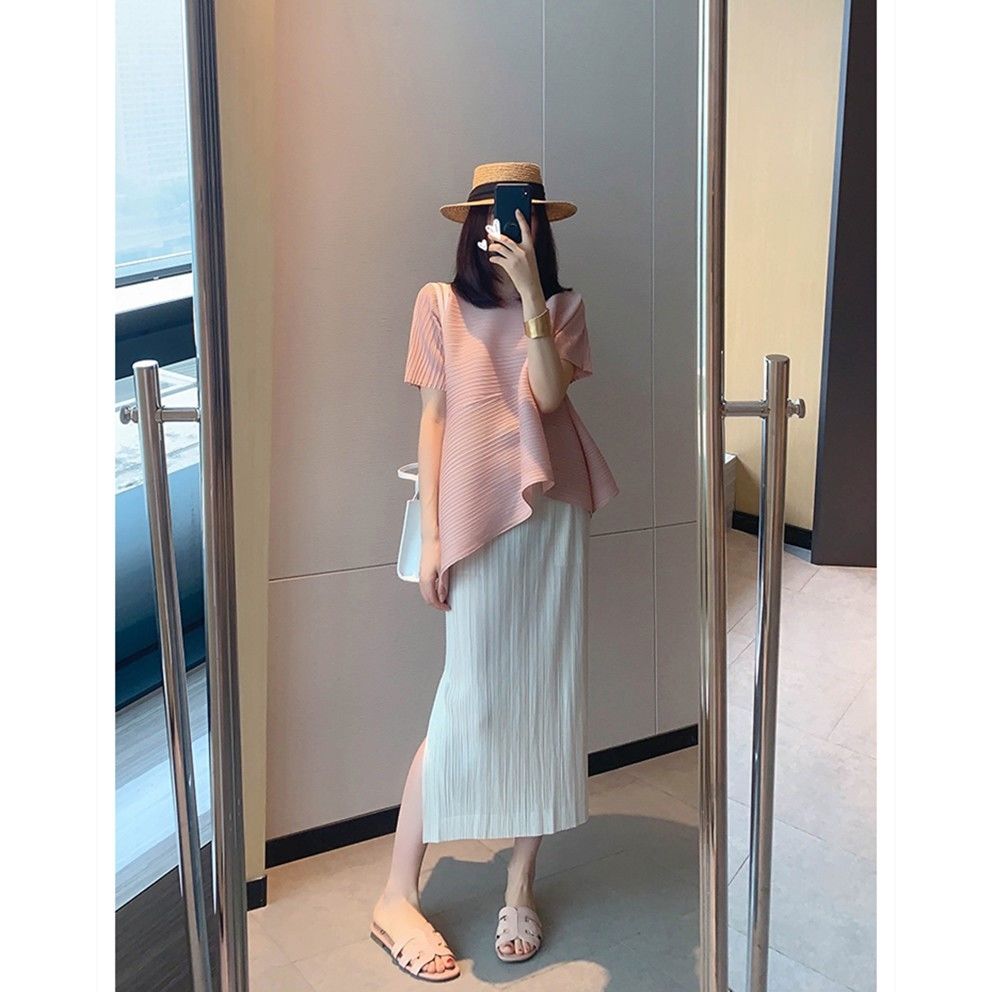 sale!Sanzhai Peplum Top không đều ngắn tay hàng đầu mùa hè xếp li lỏng giữa Chiều dài Niche giảm béo T-Shirt cho cuộc sống của phụ nữ