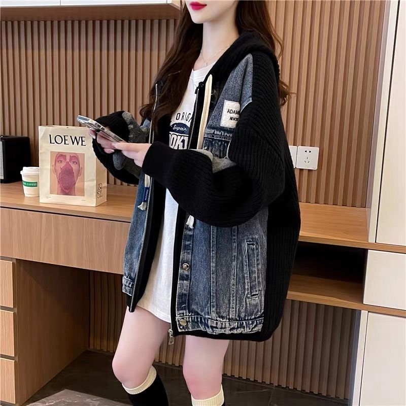 Áo len cardigan chắp vá denim