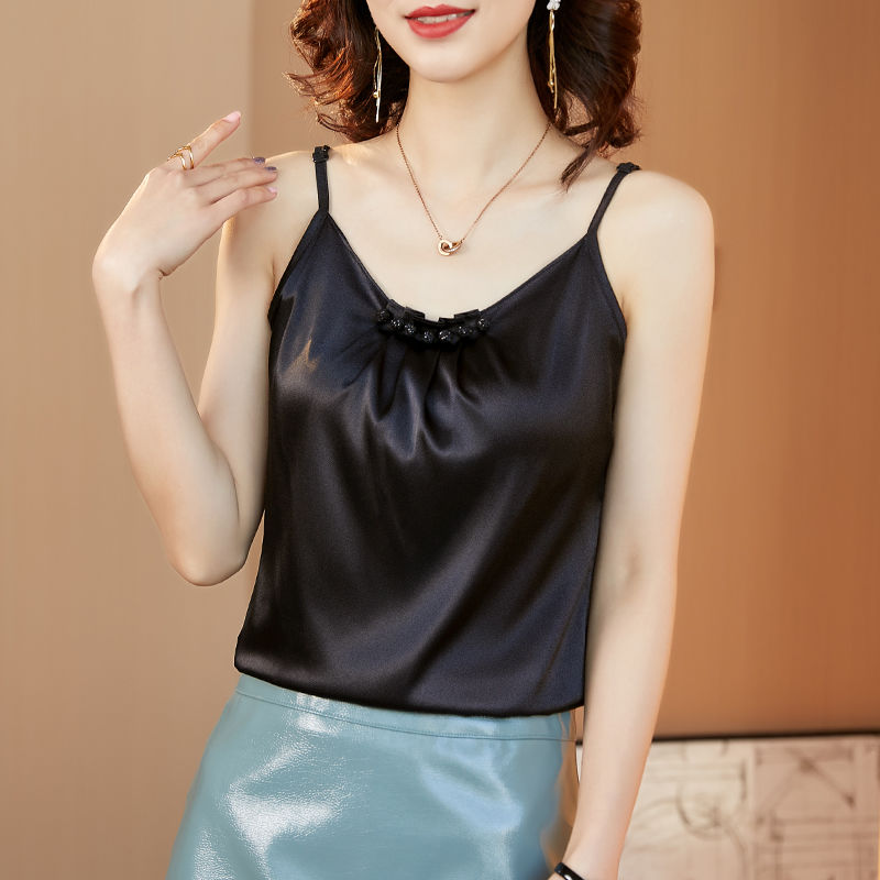 Beaded Vest Camisole Women's Bottoming Shirt Summer Suit Professional Inner Wear Loose Silk Satin Outer Wear Sleeveless Top