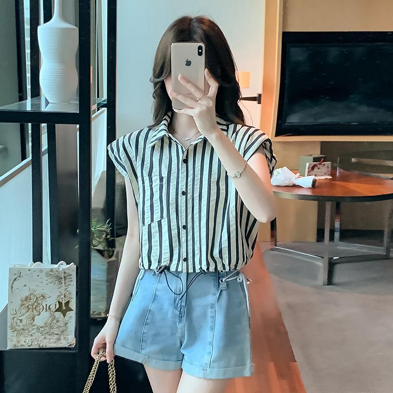 Flying Sleeve Striped Shirt for Women2023New Summer Design Sense Niche Drawstring French Short Sleeveless Top