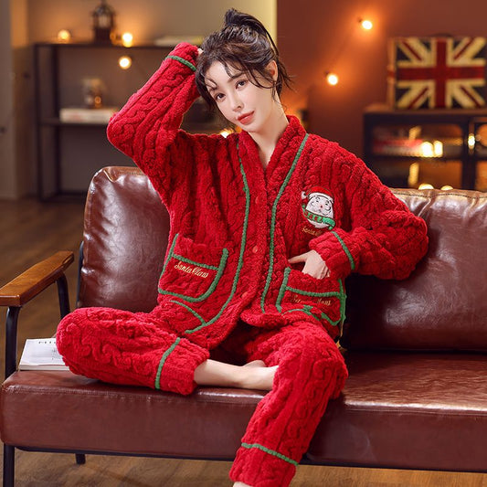 Mùa thu và mùa đông  Bộ đồ ngủ flannel cổ chữ V của ông già Noel mới làm dày bộ đồ ngủ lỏng lẻo0511